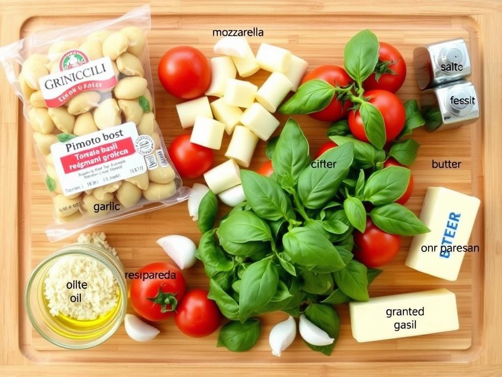 Ingrédients pour le gratin de gnocchis tomate et basilic disposés sur un plan de travail