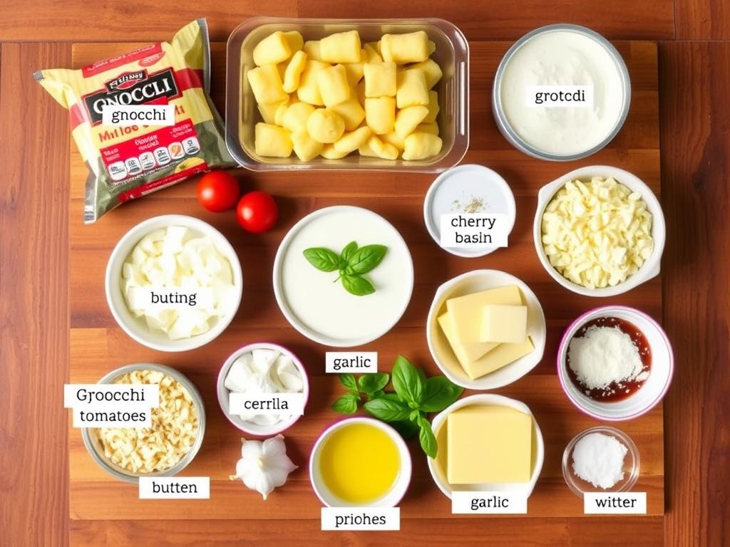 Ingrédients pour préparer un gratin de gnocchi disposés sur un plan de travail