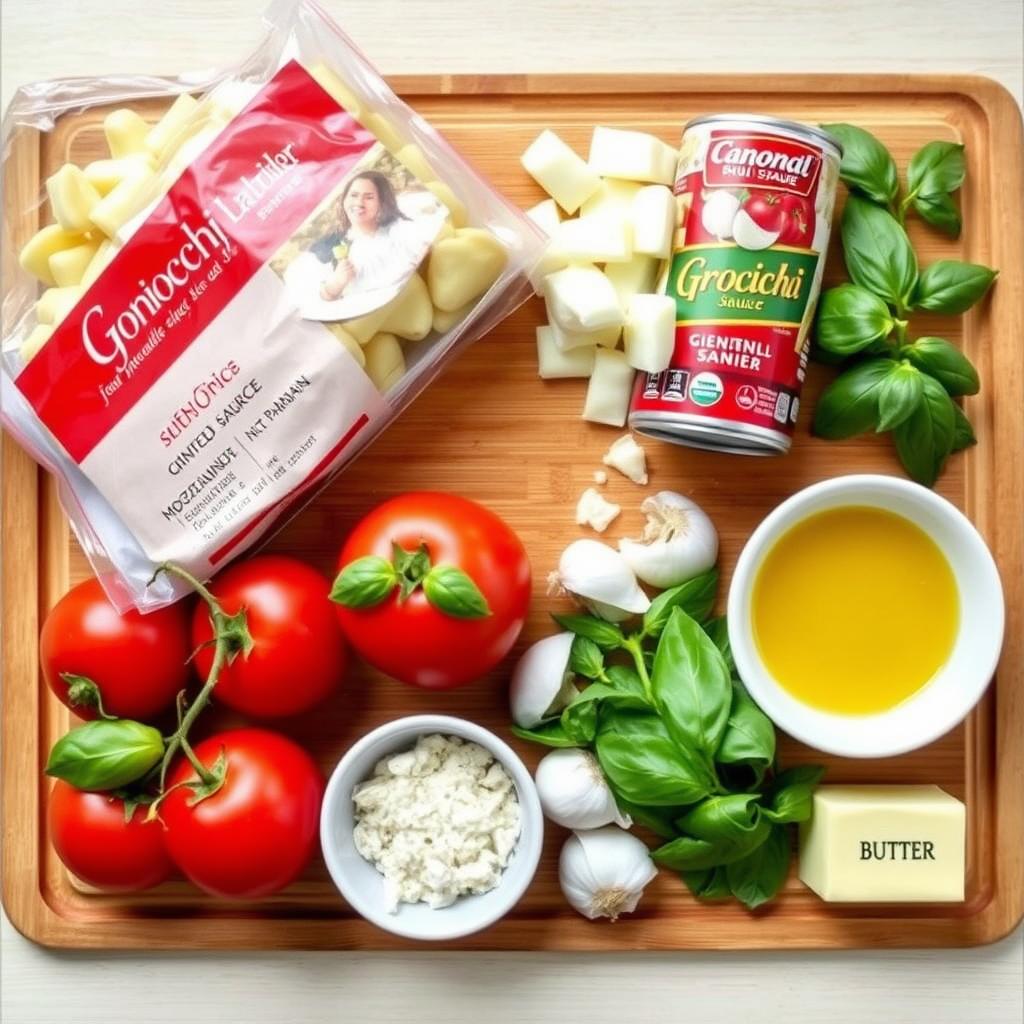 Ingrédients pour préparer un gratin de gnocchi sauce tomate disposés sur un plan de travail