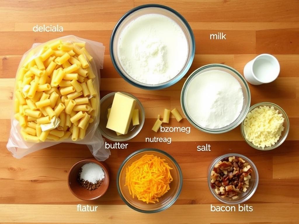 Ingrédients pour préparer un gratin de macaroni au béchamel disposés sur un plan de travail