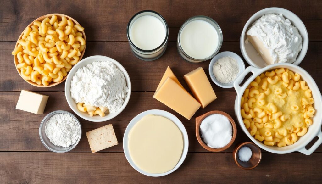 Ingrédients pour préparer un gratin de macaroni au fromage disposés sur une table