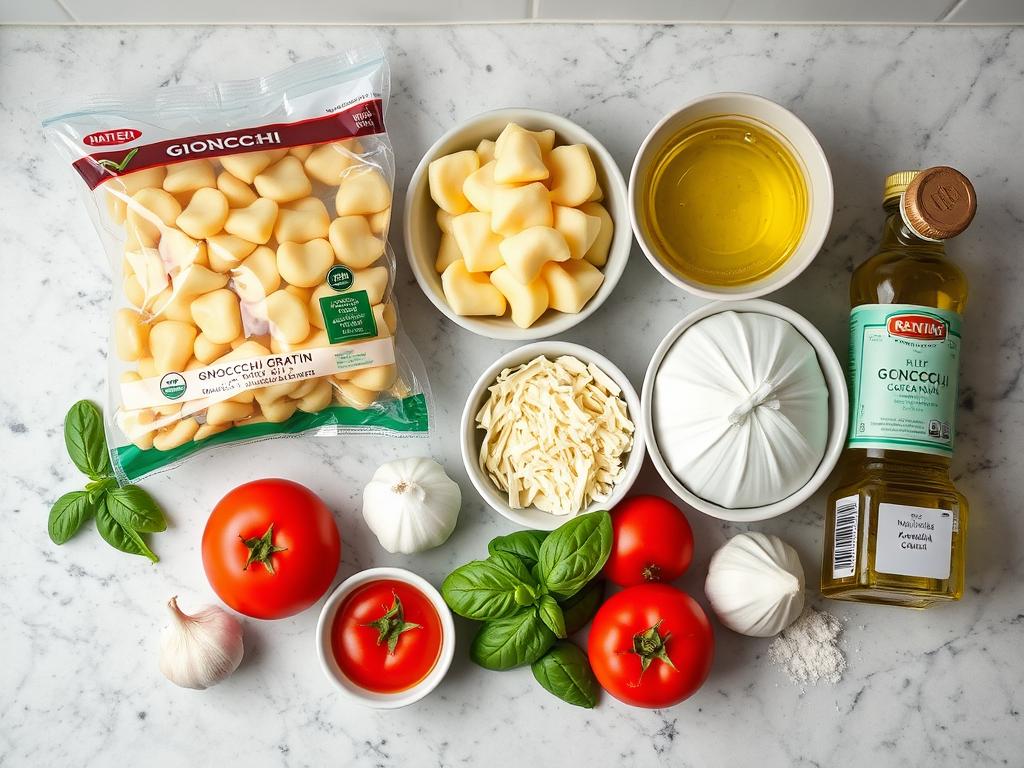 Ingrédients pour recette gratin de gnocchi disposés sur un plan de travail