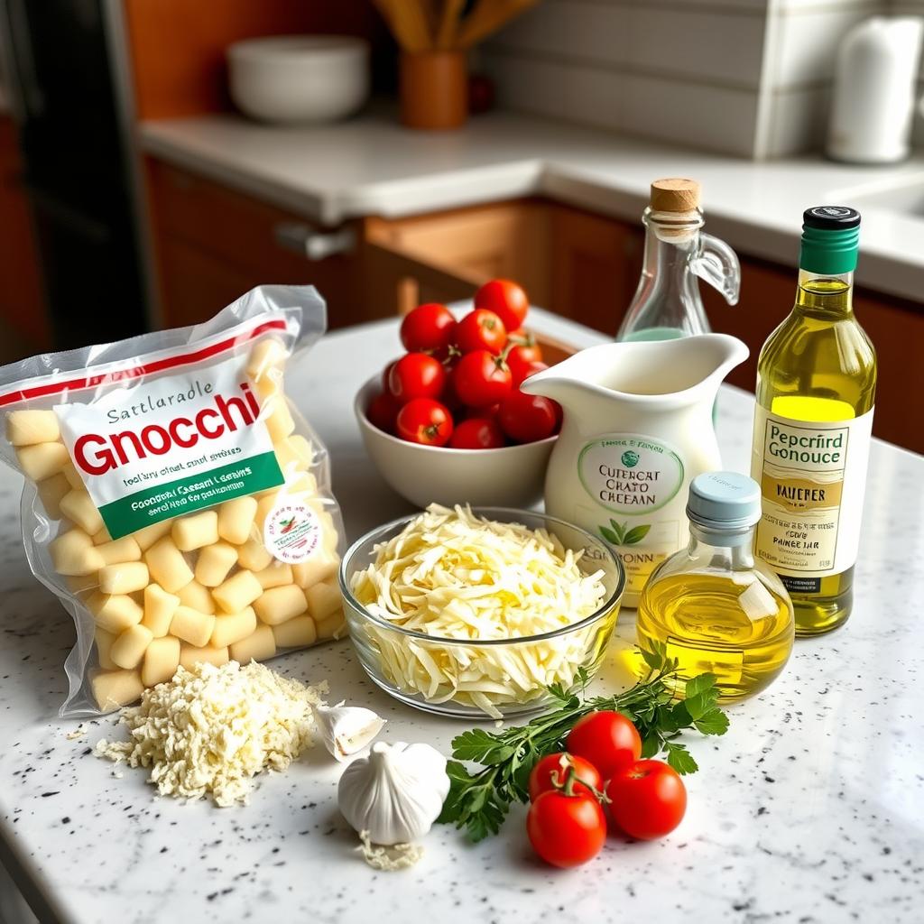 Ingrédients pour un gratin de gnocchi facile disposés sur un plan de travail