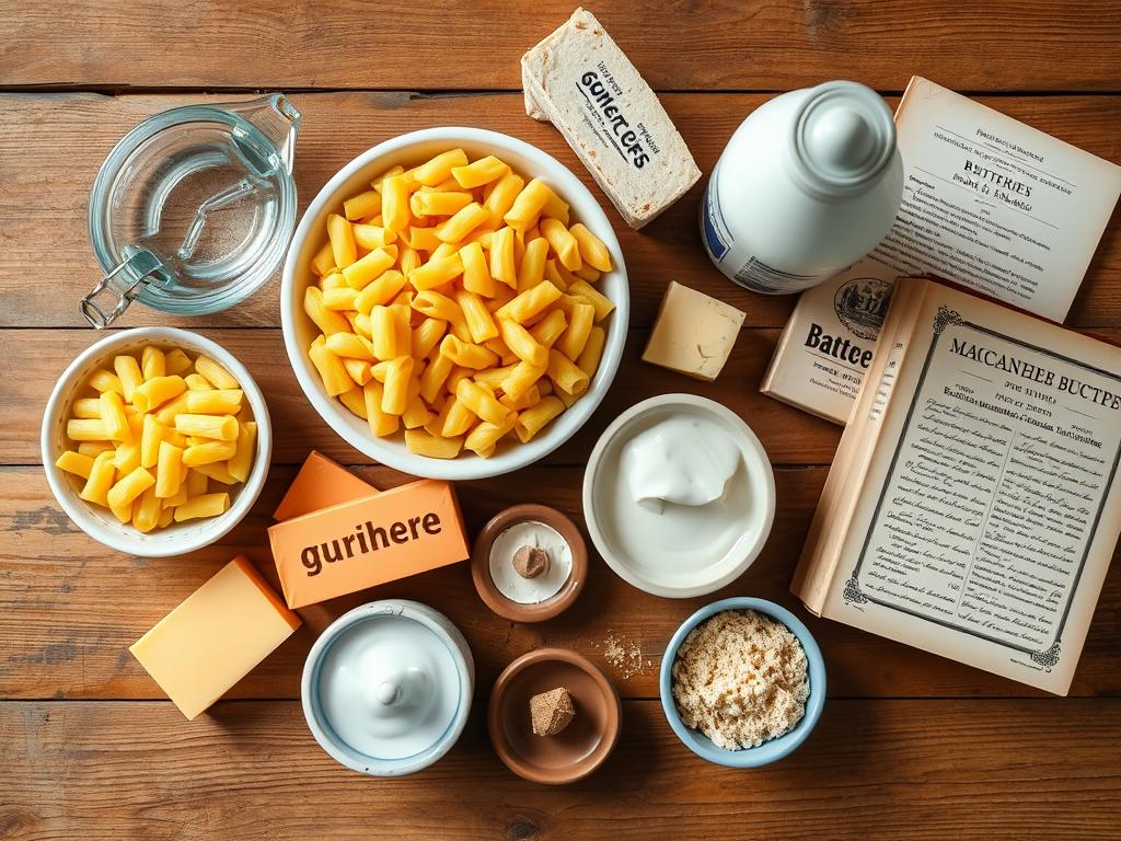 Ingrédients traditionnels pour un gratin de macaroni à l'ancienne disposés sur une table en bois