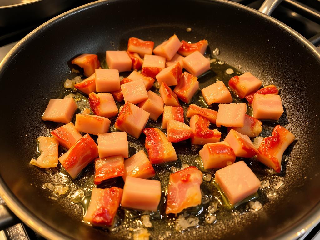 Lardons en train de cuire dans une poêle