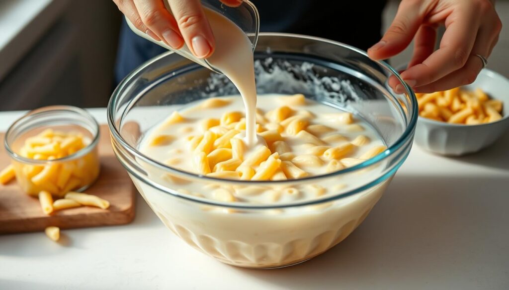 Macaronis cuits puis trempés dans du lait pour le gratin de macaroni à l'ancienne