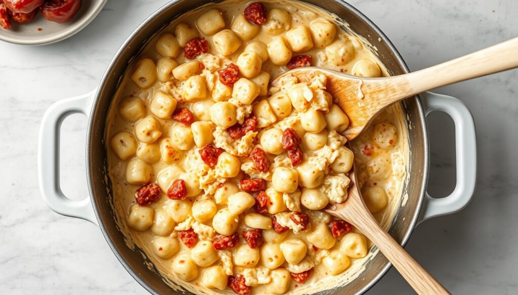 Mélange de gnocchi et chorizo versé dans un plat à gratin