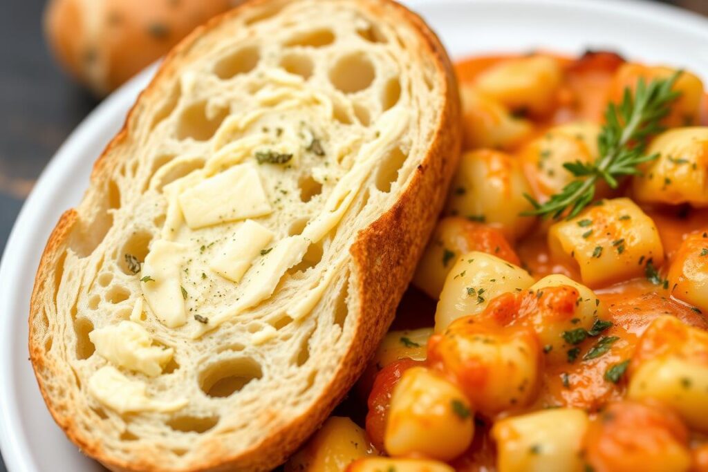 Pain à l'ail maison servi avec un gratin de gnocchi sauce tomate