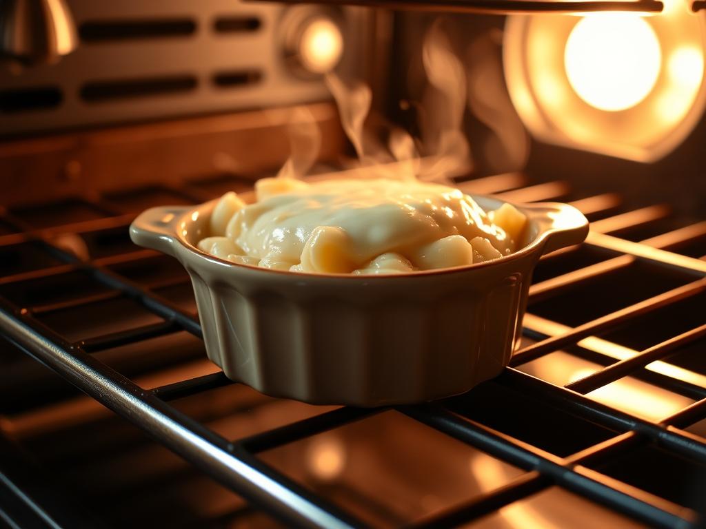 Portion de gratin de macaroni au béchamel en cours de réchauffage