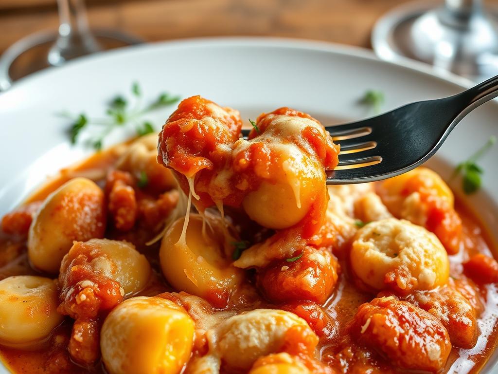 Portion individuelle de gratin de gnocchi sauce tomate servie dans une assiette