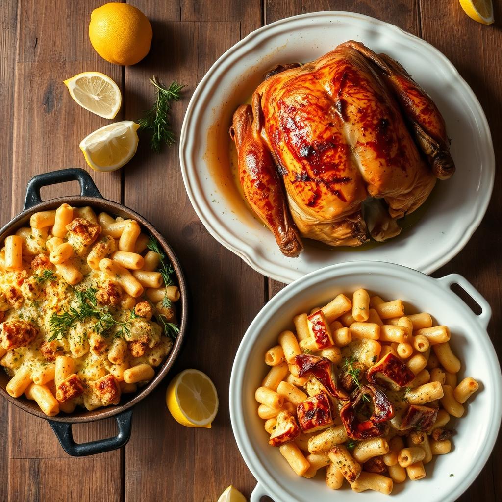 Poulet rôti servi avec un gratin de macaroni à l'ancienne