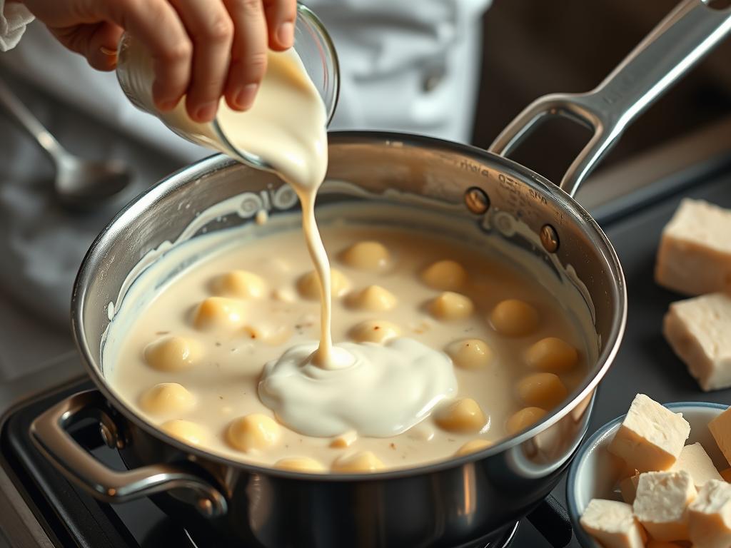 Préparation de la sauce crémeuse pour le gratin de gnocchi au poulet