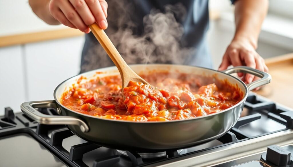 Préparation de la sauce tomate pour le gratin de gnocchi