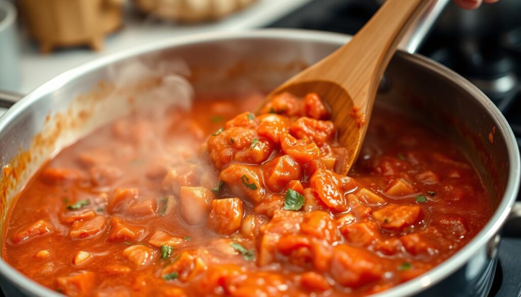 Préparation de la sauce tomate pour le gratin de gnocchis