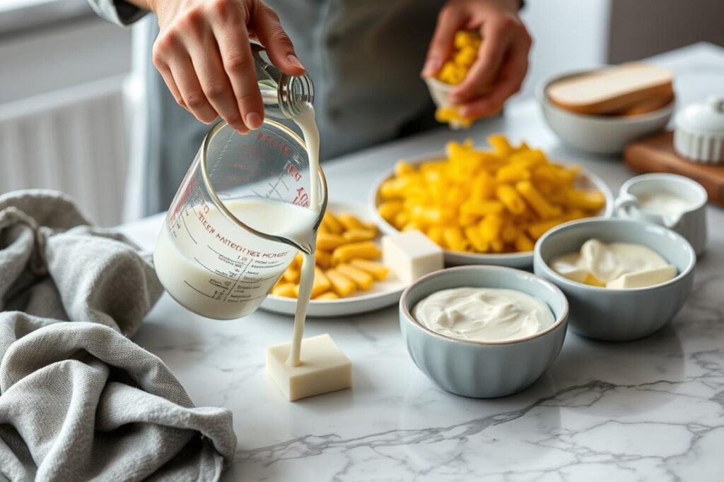 Préparation des ingrédients pour le gratin de macaroni à l'ancienne avec mesure du lait