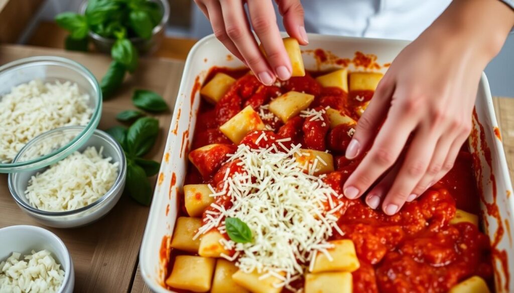 Préparation du gratin de gnocchi à l'italienne, étape de l'assemblage dans le plat