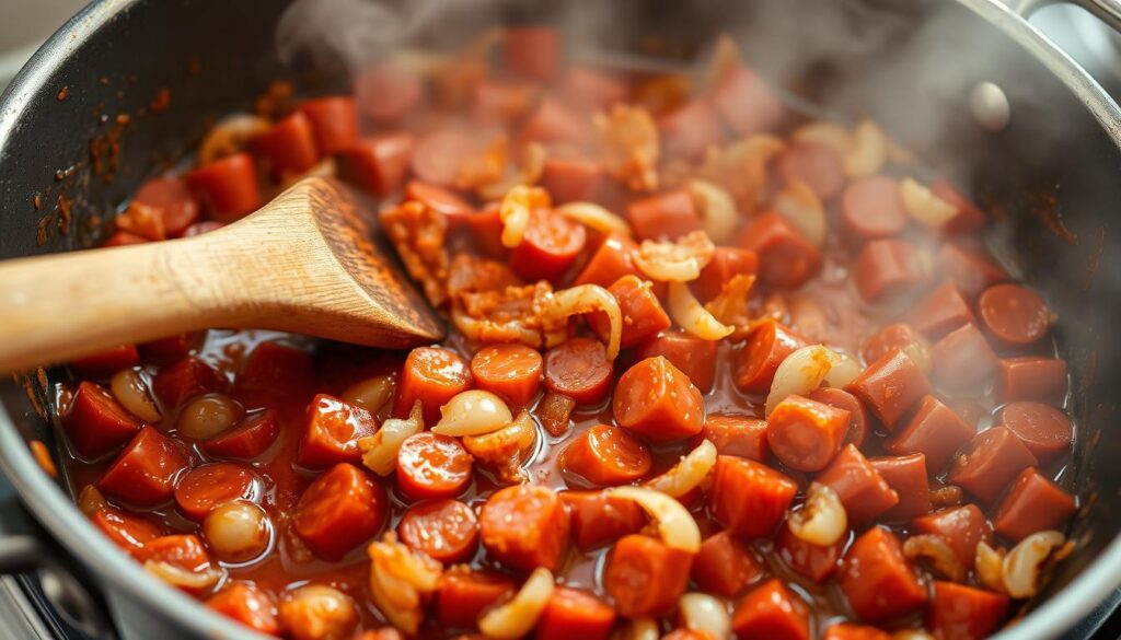 Préparation du gratin de gnocchi au chorizo avec chorizo en train de dorer dans une poêle