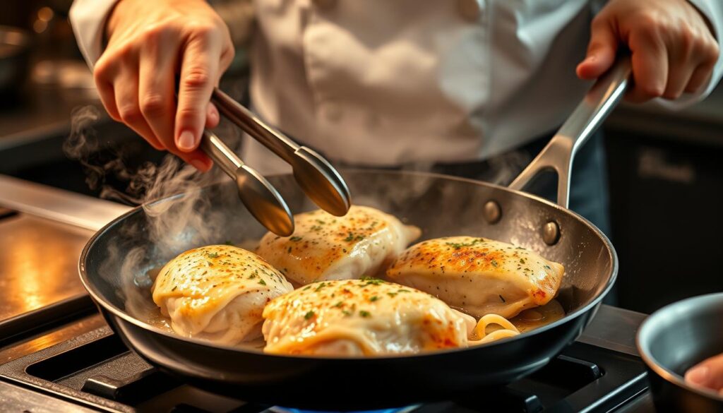 Préparation du gratin de gnocchi au poulet: cuisson des escalopes de poulet dans une poêle