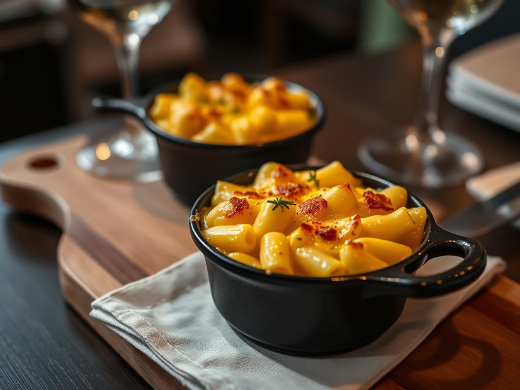 Présentation élégante du gratin de macaroni au fromage en cocotte individuelle
