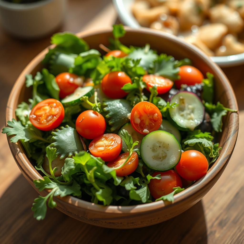 Salade verte fraîche accompagnant un gratin de gnocchi à la crème