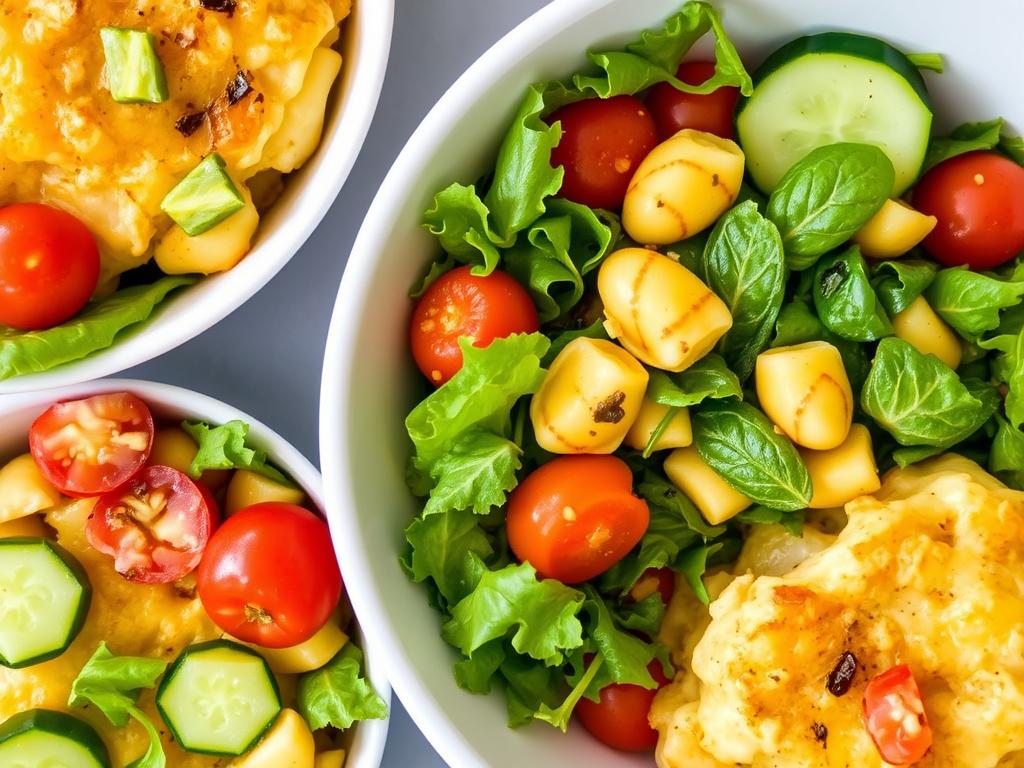 Salade verte fraîche accompagnant un gratin de gnocchi au fromage