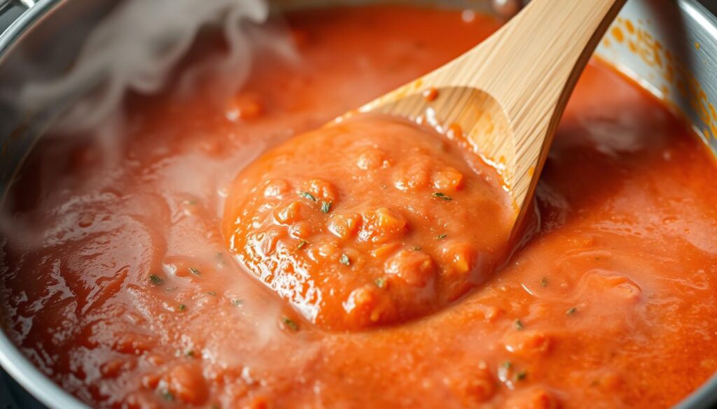 Sauce crémeuse à la tomate en préparation dans une poêle