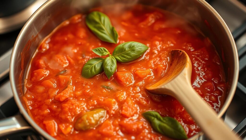Sauce tomate mijotant dans une casserole avec des herbes
