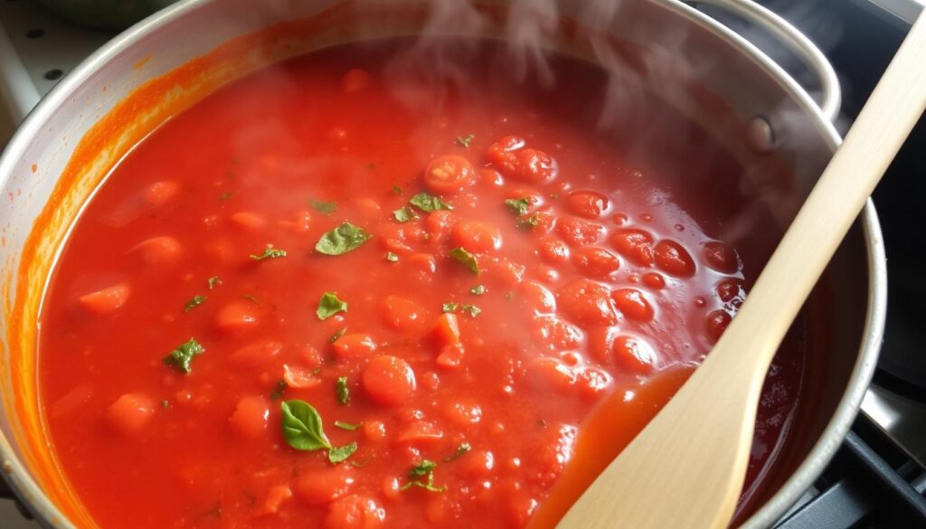 Sauce tomate mijotant dans une poêle avec des herbes