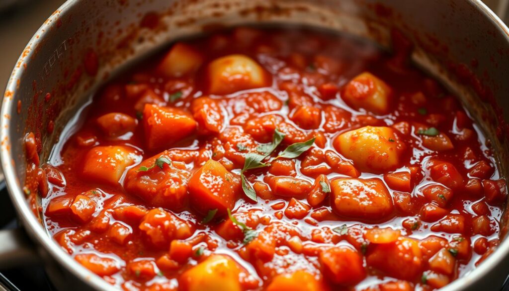 Sauce tomate pour gratin de gnocchi en préparation