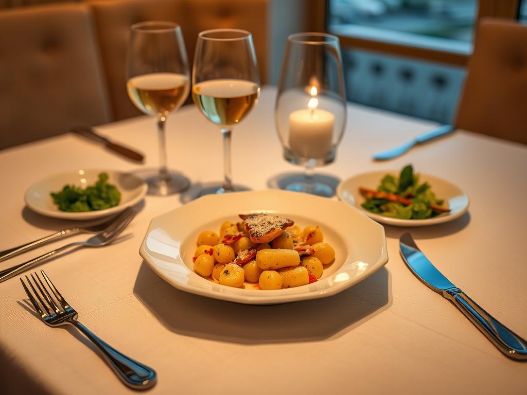 Table dressée avec gratin de gnocchi au four et verre de vin blanc
