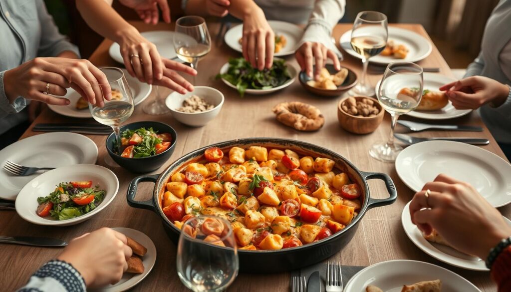 Table dressée pour un dîner convivial avec un gratin de gnocchi sauce tomate comme plat principal