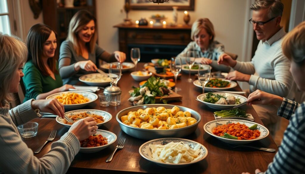 Table familiale avec un gratin de gnocchi facile au centre