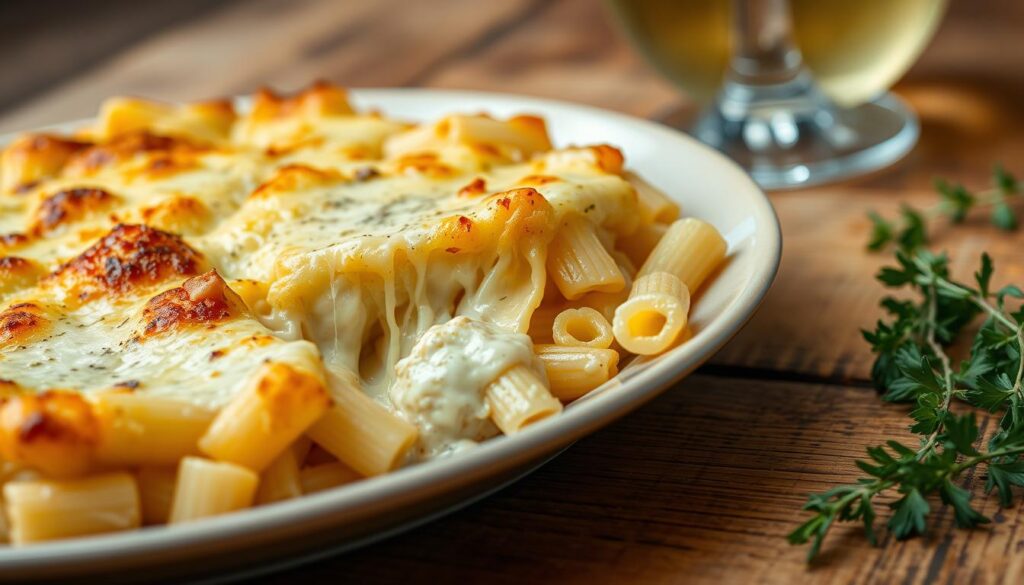 Texture parfaite d'un gratin de macaroni à l'ancienne servi dans une assiette