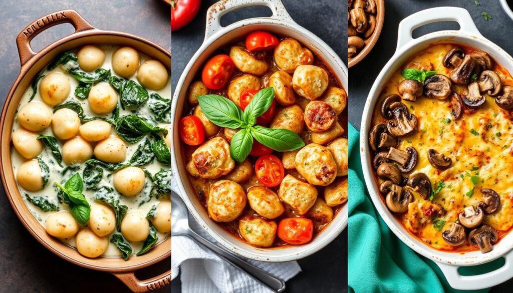 Trois variations de gratin de gnocchi au four présentées côte à côte