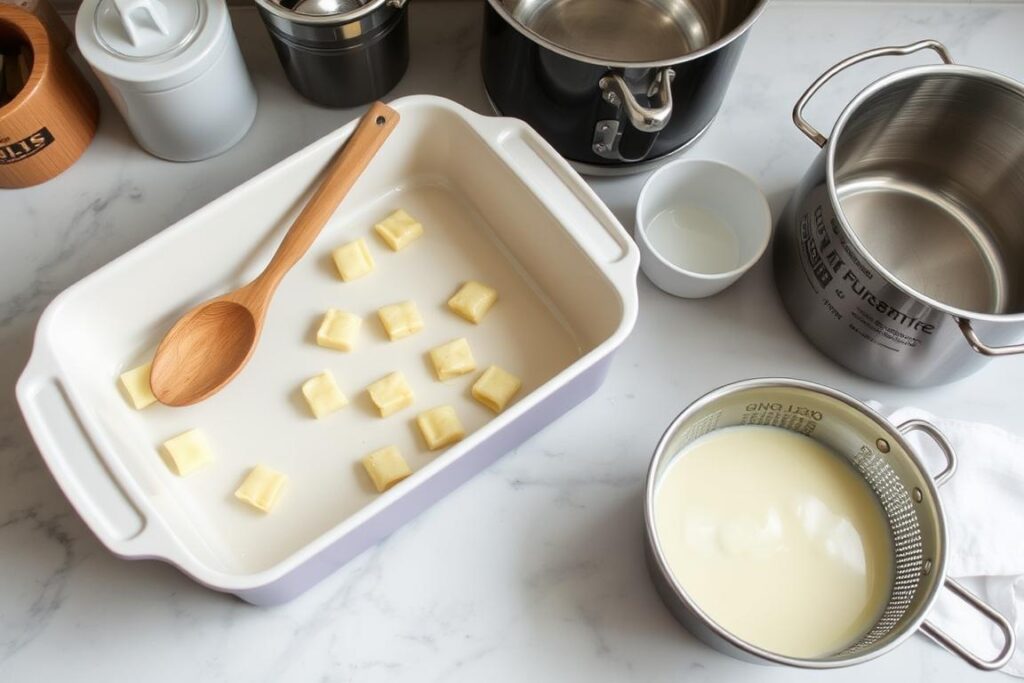 Ustensiles pour préparer un gratin de gnocchi béchamel