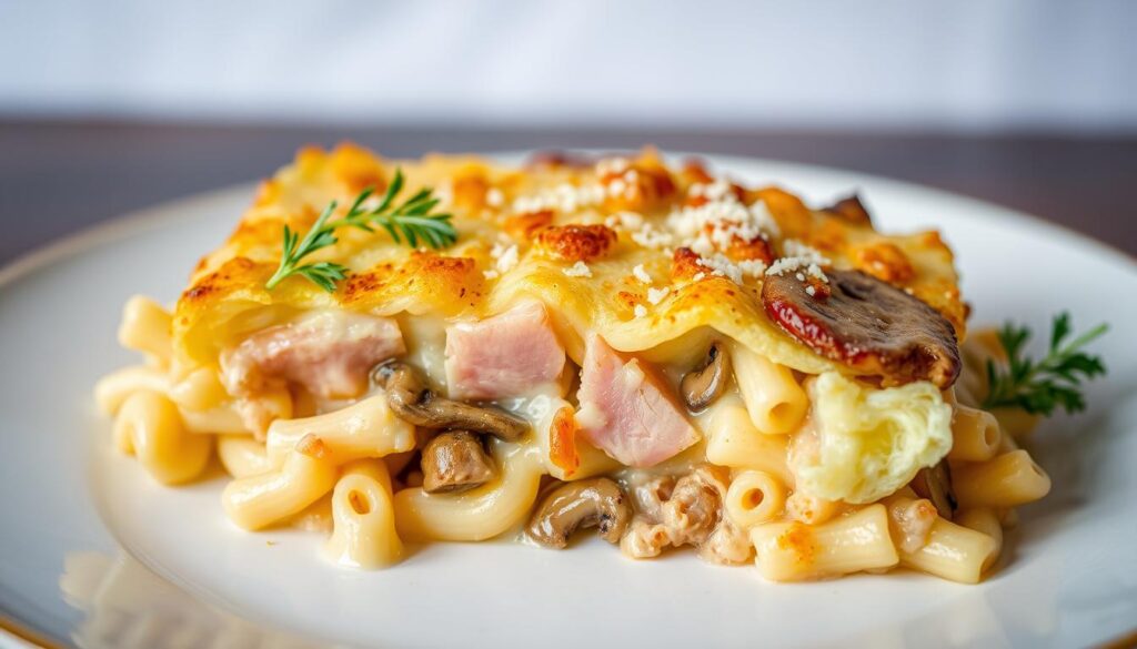Variante moderne du gratin de macaroni à l'ancienne avec jambon et champignons
