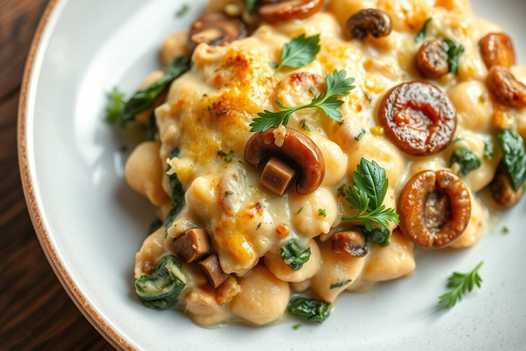 Variation du gratin de gnocchi au poulet avec champignons et épinards