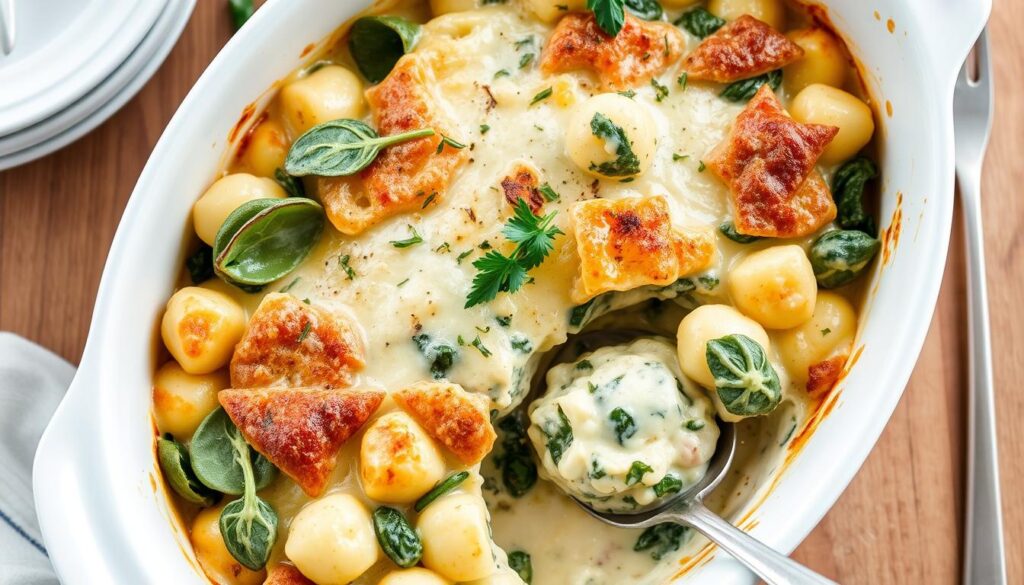 Variation du gratin de gnocchi avec des épinards et de la crème