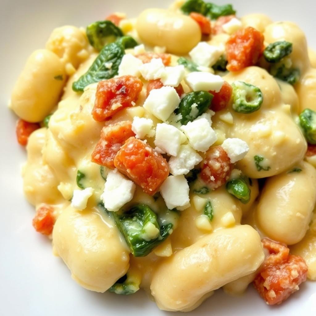 Version allégée du gratin de gnocchi au chorizo avec crème légère et fromage de chèvre