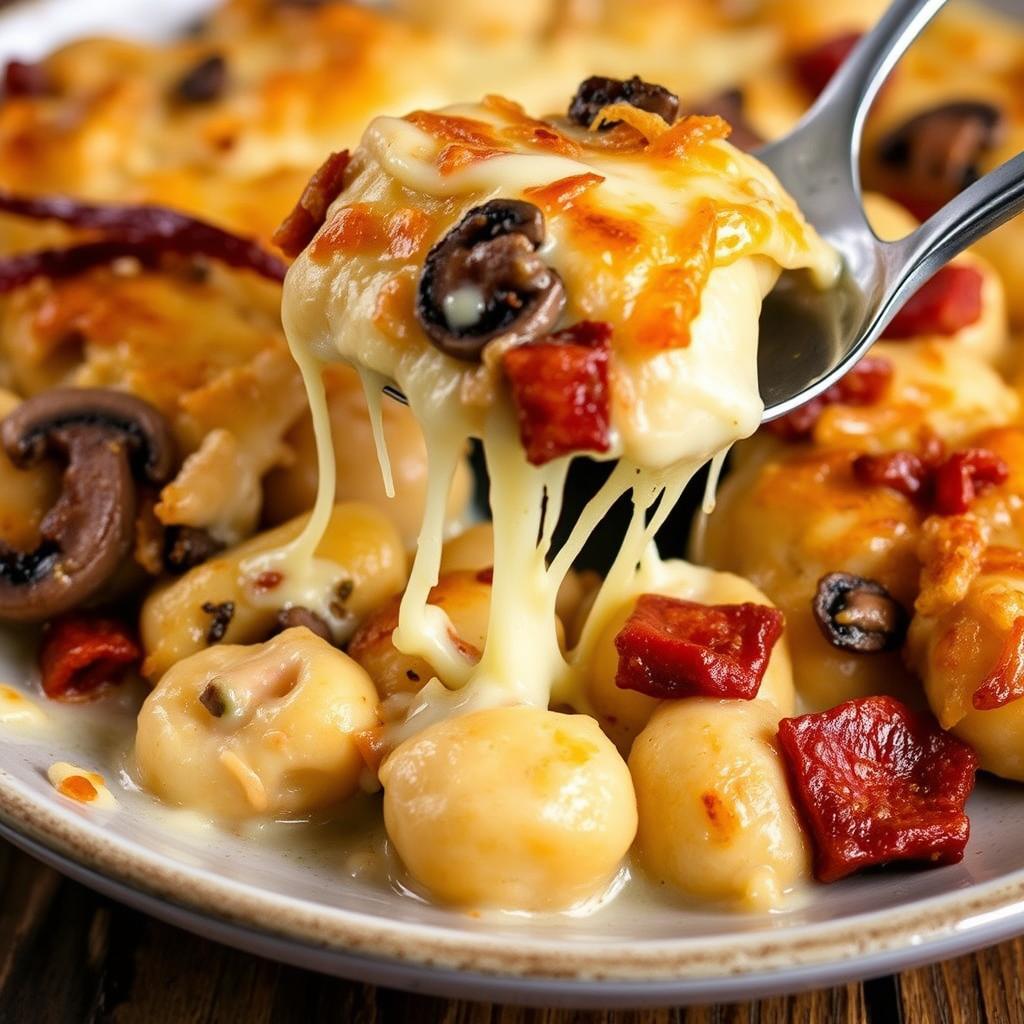 Version gourmande du gratin de gnocchi au chorizo avec champignons et lardons