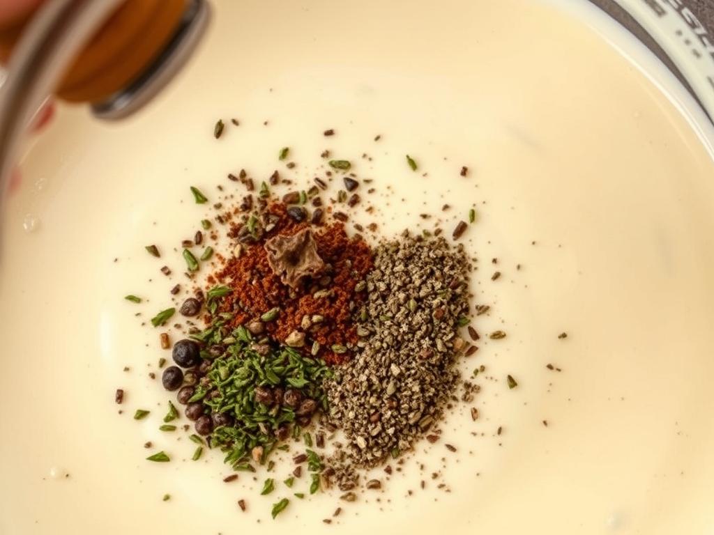 Assaisonnement de la sauce au fromage de brebis avec du poivre et des herbes