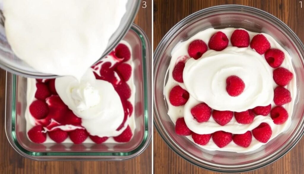 Assemblage des couches du tiramisu aux framboises