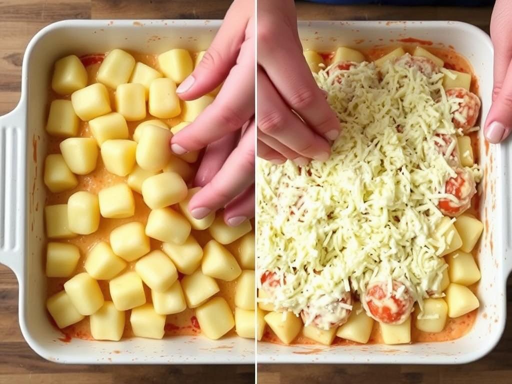 Assemblage du gratin de gnocchi crème avant cuisson
