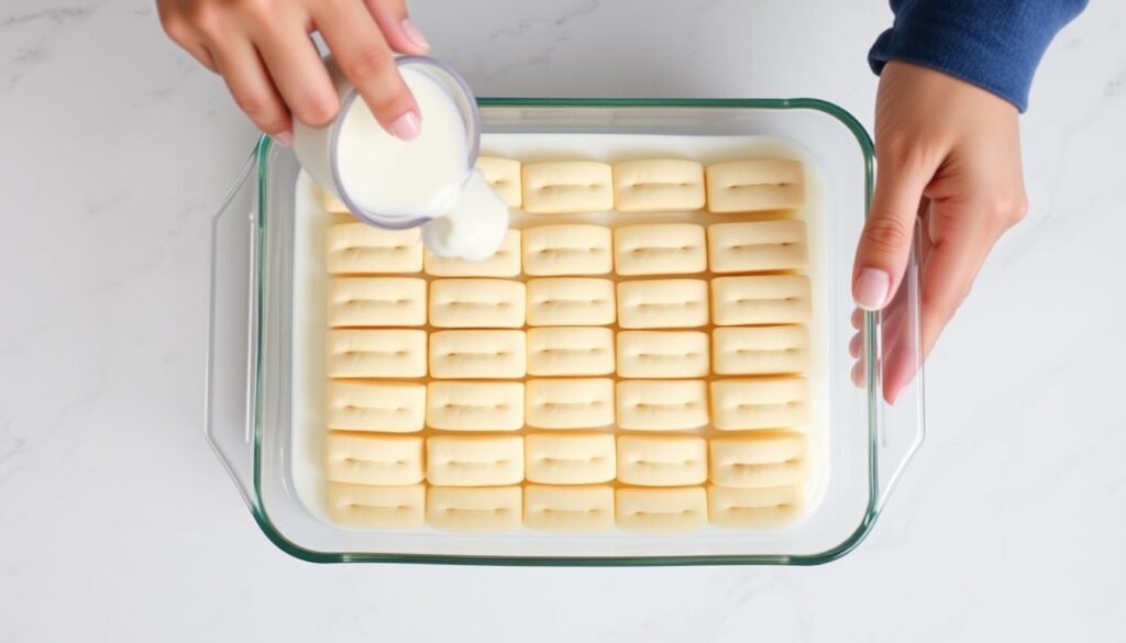 Biscuits à la cuillère trempés dans du lait et disposés au fond d'un plat
