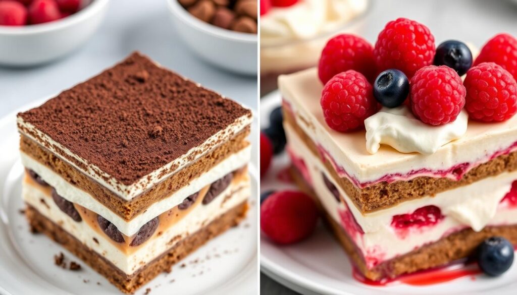Comparaison entre un tiramisu traditionnel au café et un tiramisu aux framboises