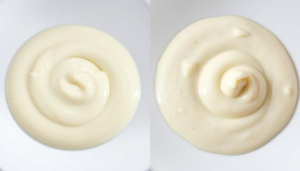 Comparaison entre une sauce crémeuse à l'ail réussie et une sauce qui a caillé