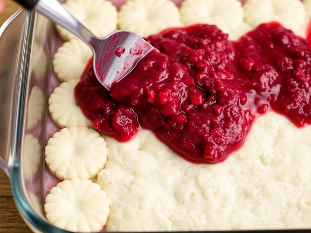 Couche de framboises écrasées étalée sur les biscuits à la cuillère