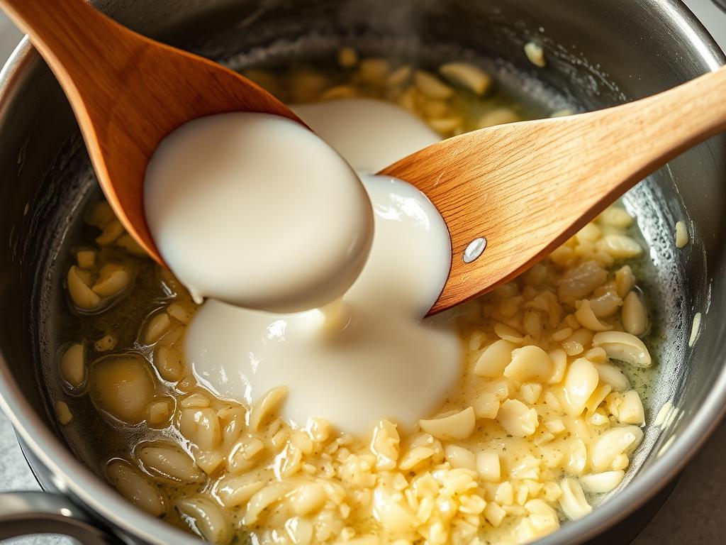 Crème fraîche ajoutée à l'ail dans la casserole