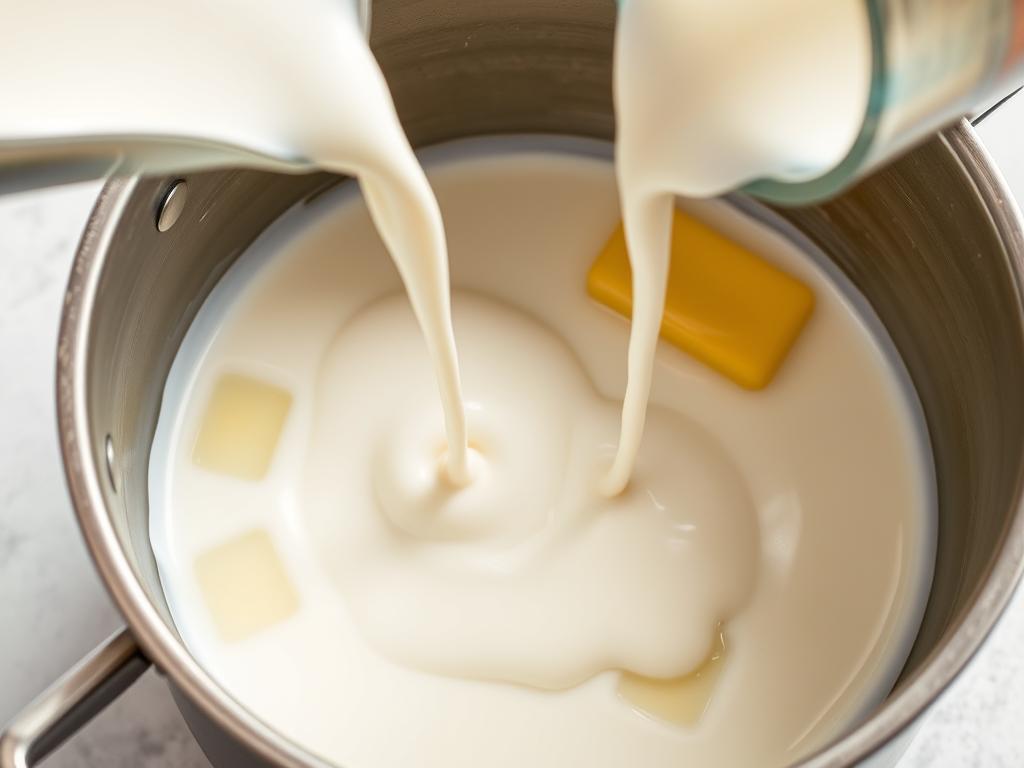 Crème fraîche versée dans une casserole pour la sauce au fromage de brebis