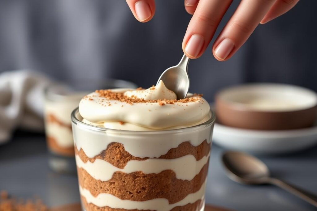 Dernière couche de crème mascarpone-speculoos sur le tiramisu